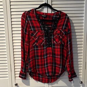 Express Red and Black Plaid Lace-Up Blouse